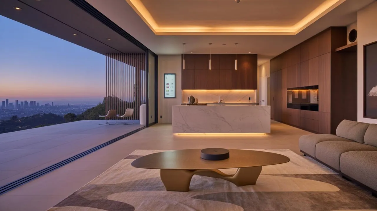 Modern apartment with a sculptural coffee table, open kitchen, and city skyline beyond floor-to-ceiling windows.