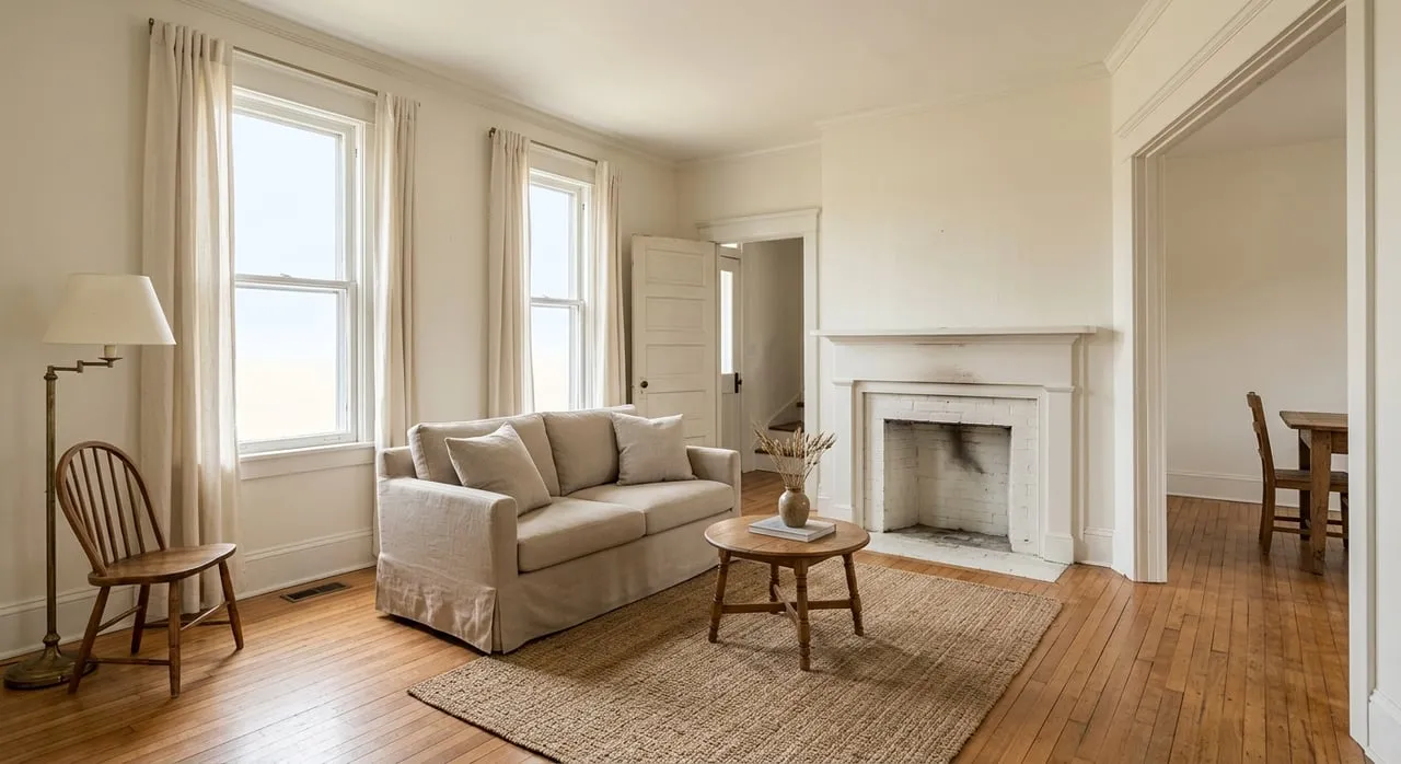 Farmhouse living room with an oatmeal sofa, white brick fireplace, oak coffee table, and potted plant on the mantel.
